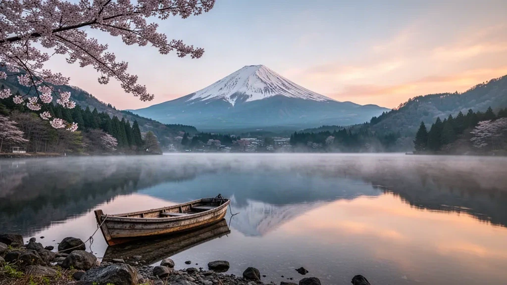 Snow-capped Mount Fuji at dawn behind the still waters of Lake Kawaguchi in Yamanashi, Japan, framed by spring cherry blossoms