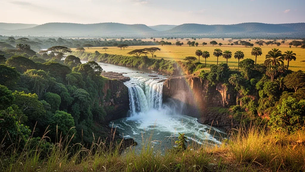 Uganda'da Victoria Nil Nehri üzerindeki Murchison Şelaleleri, sıcak öğleden sonra ışığı altında yemyeşil savana ve nehir kıyısı ormanıyla çevrili