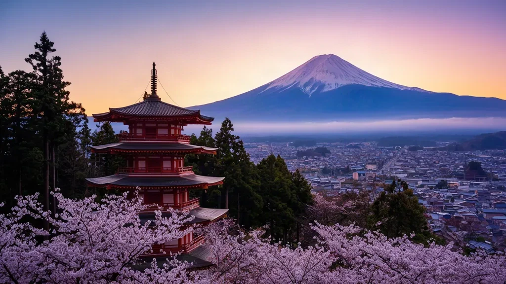 Il Monte Fuji che si erge dietro la Pagoda Chureito a cinque piani a Fujiyoshida, Yamanashi, incorniciato dai ciliegi in fiore all'alba