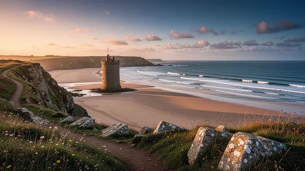 Vue panoramique de St Ouen's Bay à Jersey avec la tour La Rocco sur la plage de sable à l'heure dorée.