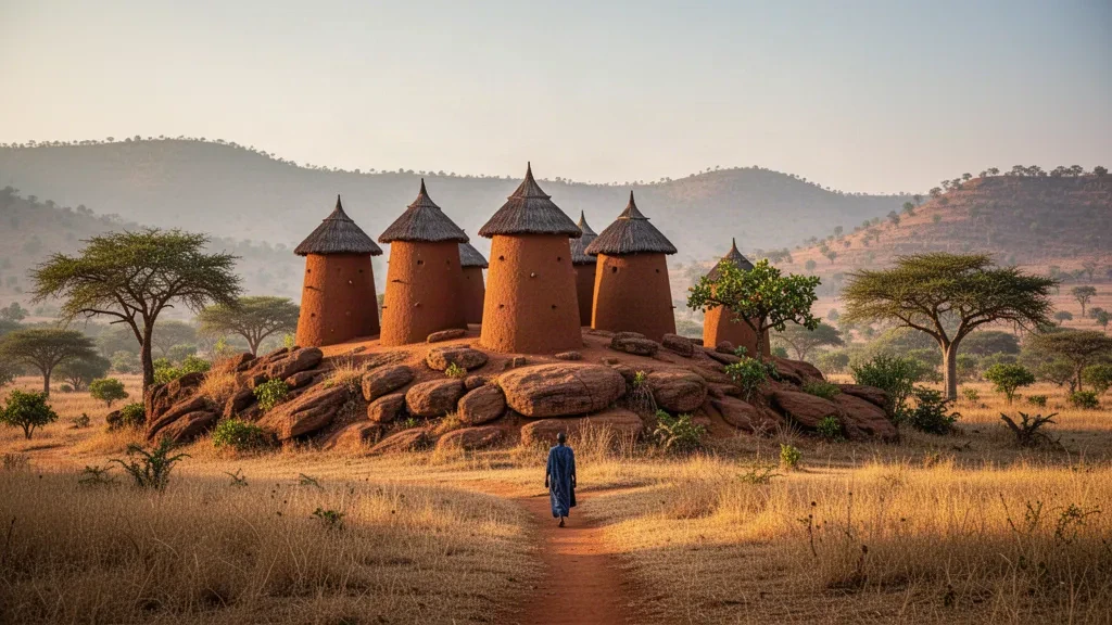 Maisons-tours traditionnelles en terre Tata Somba du paysage de Koutammakou, dans le nord du Togo, sous la lumière chaude de fin d'après-midi