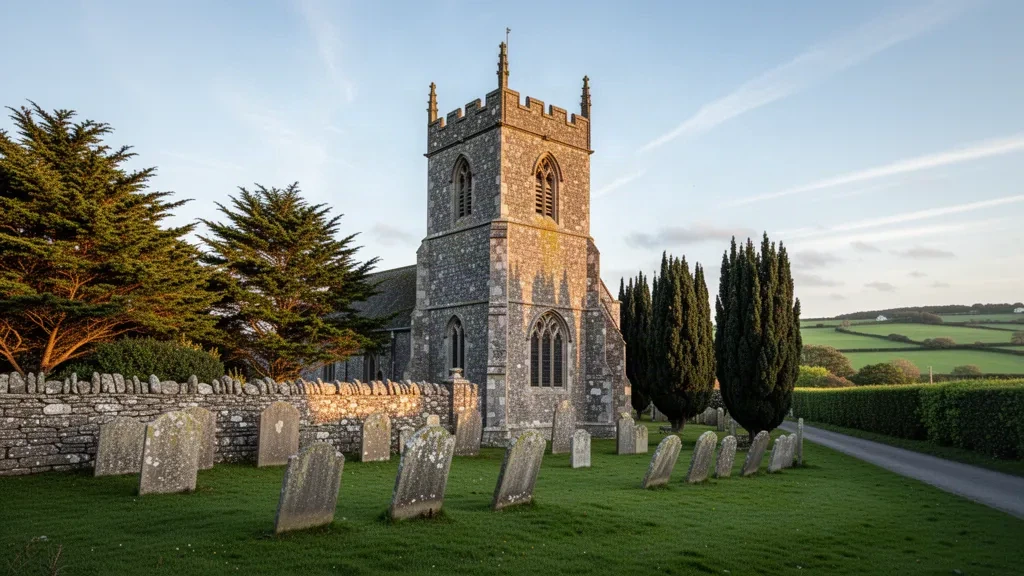 St Saviour's Church in Jersey, Channel Islands, granite tower rising above the churchyard lawn and gravestones in soft afternoon light