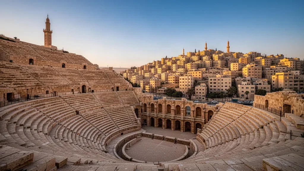 Vista durante la hora dorada del antiguo Teatro Romano en el centro de Ammán, Jordania, con sus gradas escalonadas de piedra caliza elevándose sobre la ciudad moderna.