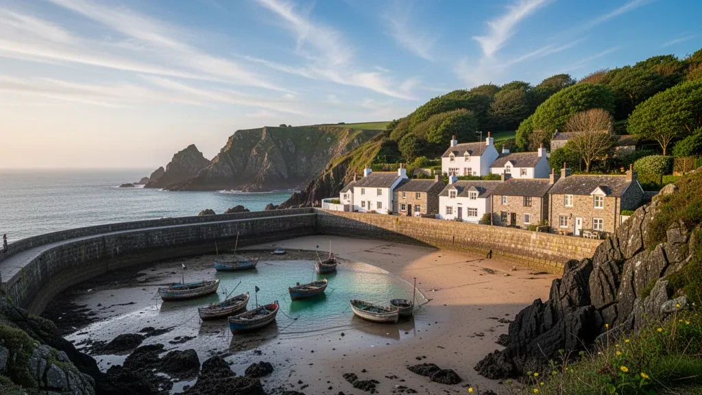Puerto de Rozel Bay en la parroquia de Trinity, Jersey, con casas de granito, barcos de pesca y acantilados boscosos a la hora dorada