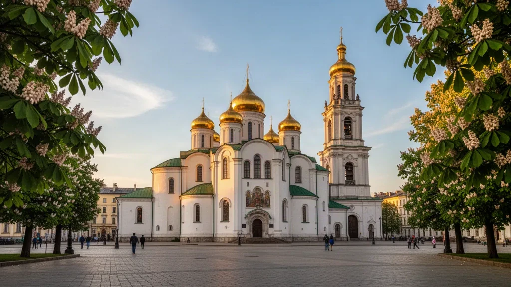 Cúpulas doradas de la Catedral de Santa Sofía en Kiev, Ucrania, enmarcadas por castaños bajo la cálida luz del final de la tarde