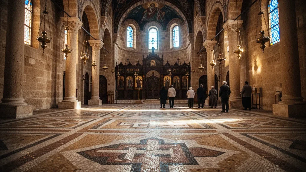 Sonnenbeschienenes Inneres der Georgskirche in Madaba, Jordanien, mit antikem byzantinischem Bodenmosaik und warmen Steinbögen