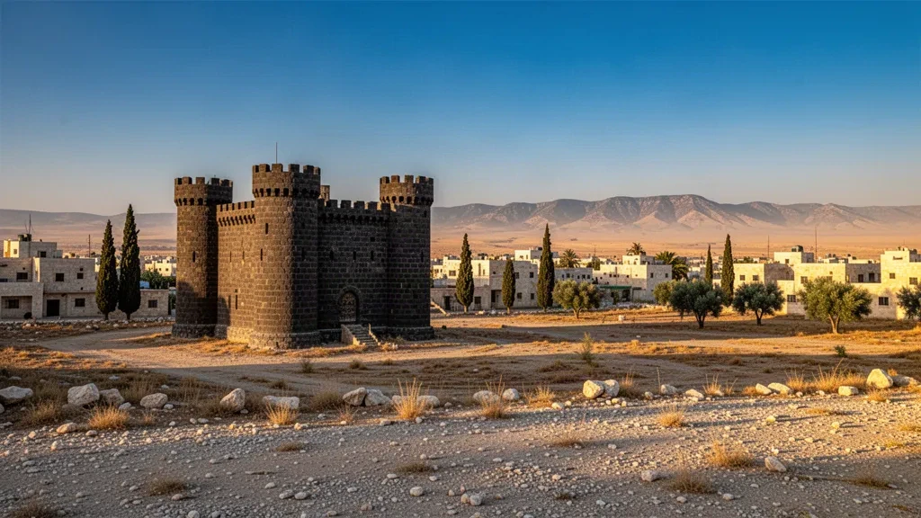 Le torri in basalto del Castello di Mafraq che si ergono sopra la steppa arida del nord della Giordania nella calda luce dorata del tramonto