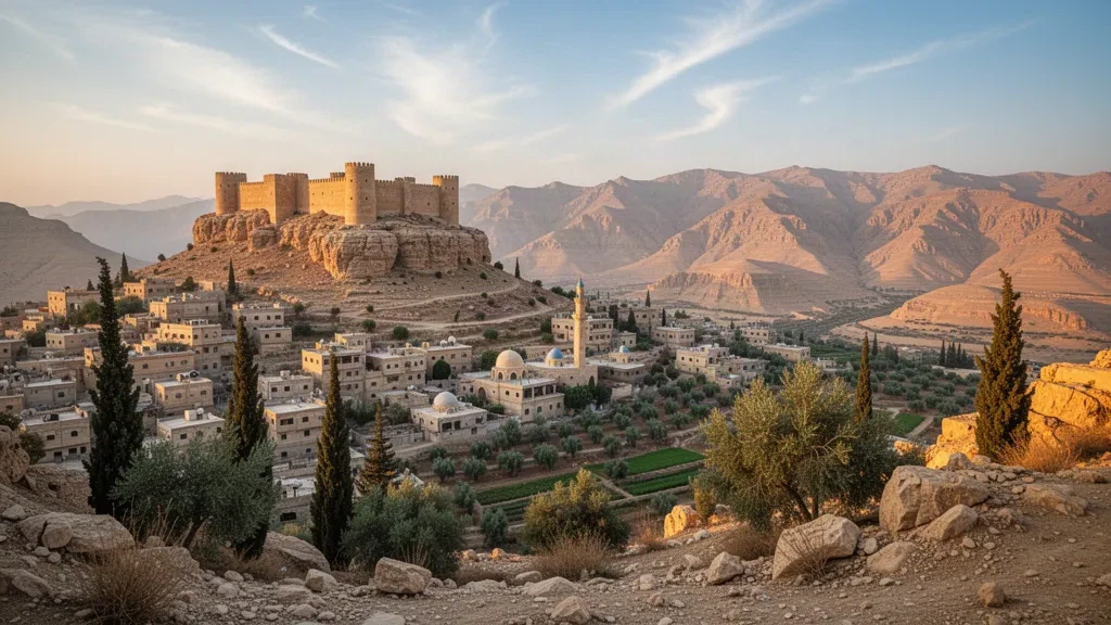 Steinfestung Tafilah Castle auf einem Hügel mit Blick auf die jordanische Stadt Tafilah und das edomitische Hochland zur goldenen Stunde