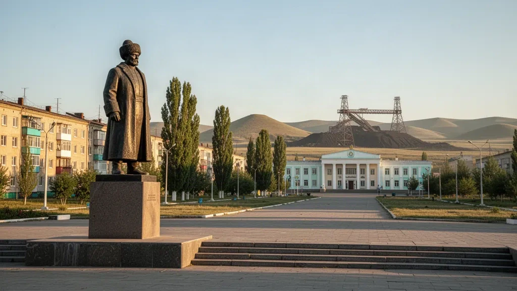 Bronze monument to poet Abai in a central square in Abai, Kazakhstan, framed by low-rise apartment blocks and open steppe under golden light.