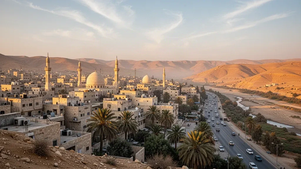 Skyline der Stadt Zarqa, Jordanien zur goldenen Stunde mit Moscheeminaretten, Dachvierteln und trockenen Hügeln am Horizont
