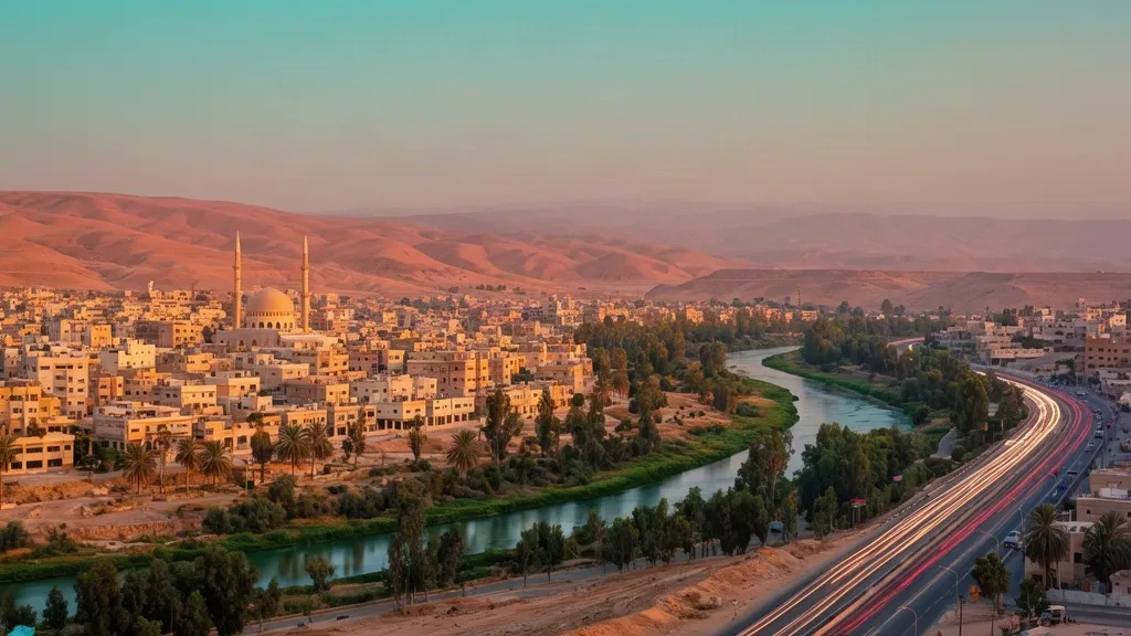 Panorama de Zarqa, Jordanie, à l'heure dorée, avec les minarets des mosquées, la vallée du fleuve Zarqa bordée de palmiers et les collines désertiques arides dans une lumière chaude