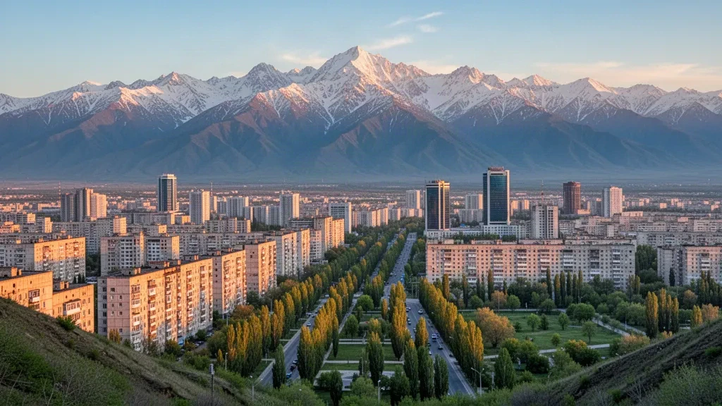 Golden-hour view over Almaty's tree-lined cityscape with the snow-capped Zailiysky Alatau mountains rising behind it