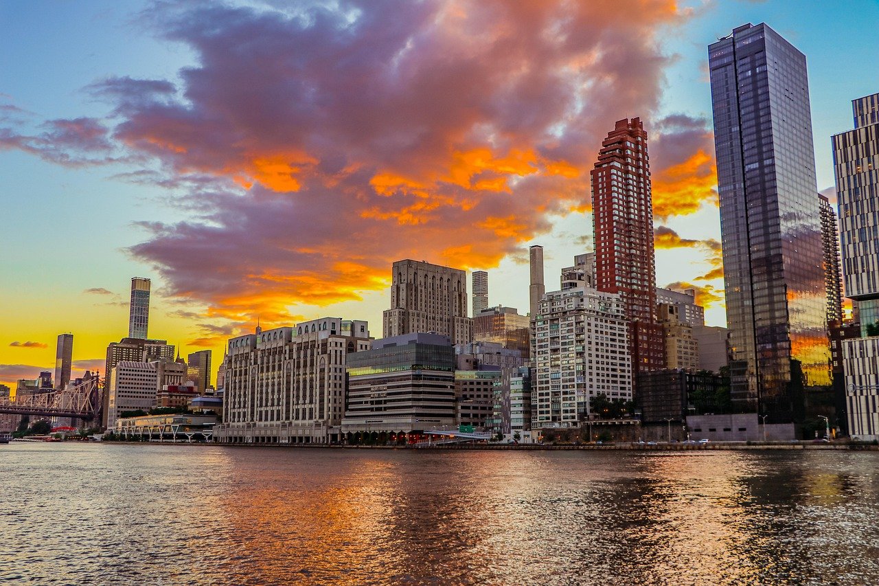 ciudad, naturaleza, nueva york, río, atardecer, nyc, ciudad de nueva york, horizonte urbano, estados unidos