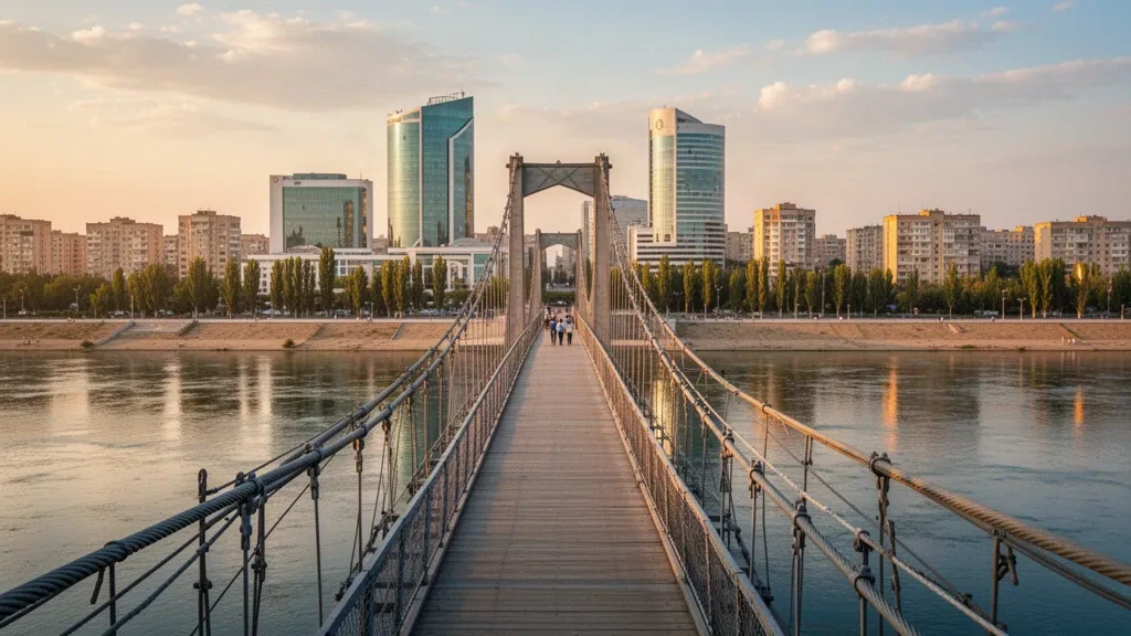 Kazakistan'da Ural Nehri üzerindeki Atyrau seti ve yaya köprüsü, altın saatte, arkasında şehir siluetiyle
