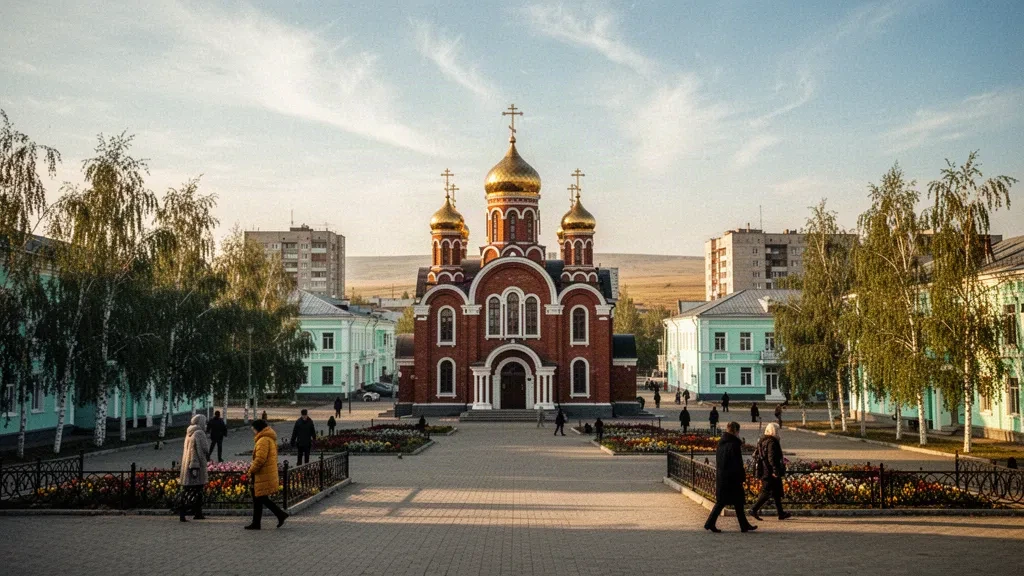 Konstantin-Eleninskaja-Kirche und historischer Stadtplatz in Kostanay, Kasachstan, leuchtend im Licht des späten Herbstnachmittags