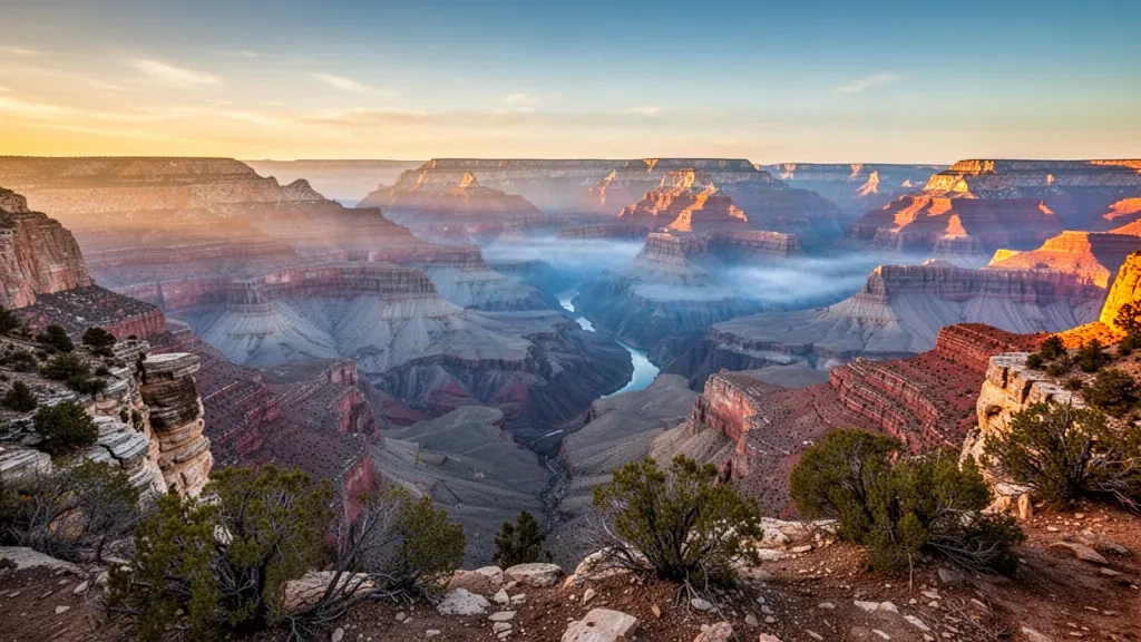 Amanecer sobre las formaciones de roca roja estratificada y el cañón fluvial del Gran Cañón en Arizona, Estados Unidos