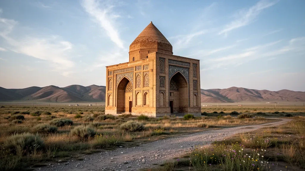 Aisha-Bibi-Mausoleum in Taraz, Kasachstan, aus Terrakotta-Ziegeln in der Steppe zur goldenen Stunde mit fernen Hügeln im Hintergrund