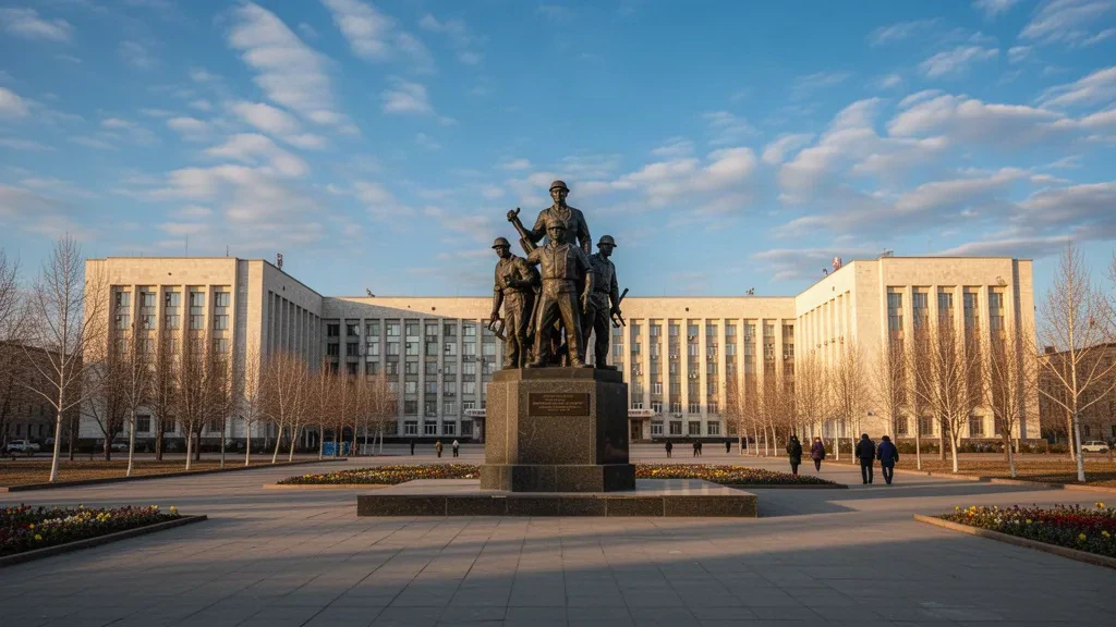 Bronzedenkmal für Bergarbeiter auf einem weiten zentralen Platz in Karaganda, Kasachstan, umrahmt von Gebäuden aus der Sowjetzeit unter einem klaren Steppenhimmel