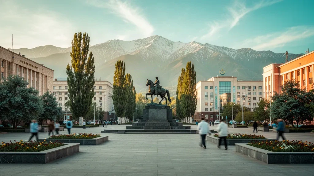 Veduta dell'ora d'oro sulla piazza centrale di Taldykorgan nella Regione di Zhetysu in Kazakistan, con viali alberati e le montagne innevate dello Zhetysu Alatau sullo sfondo