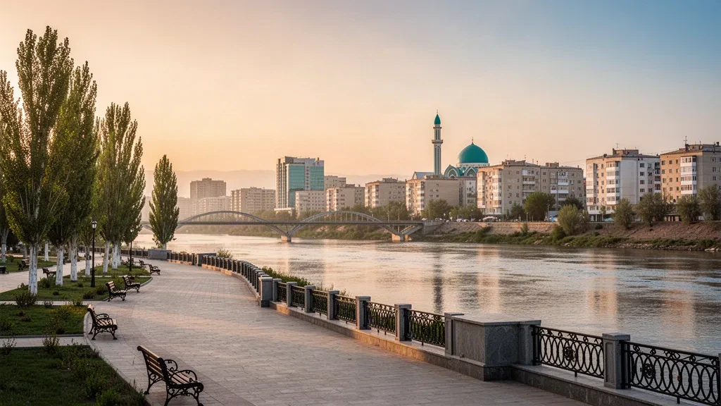 Golden-hour view of the Syr Darya river embankment in Kyzylorda, Kazakhstan, with poplar-lined promenade and city skyline beyond
