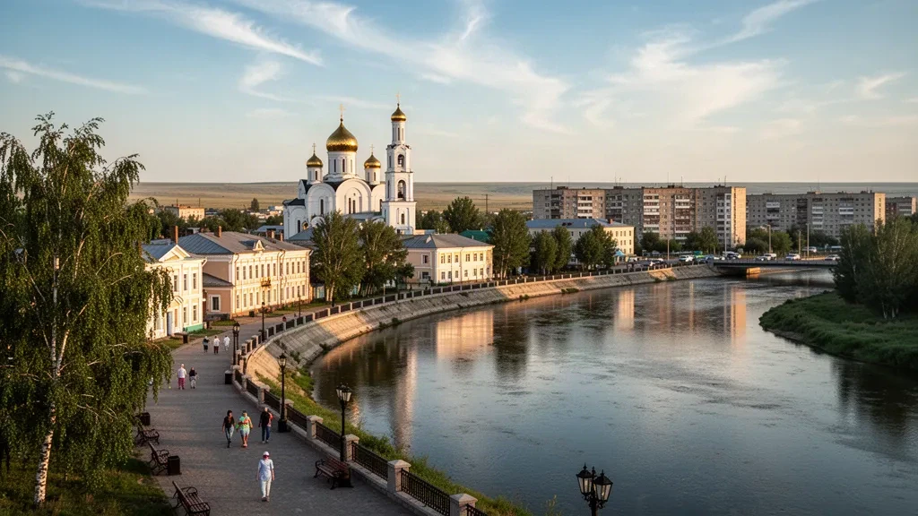 Veduta all'ora d'oro sul lungofiume dell'Ishim e sullo skyline di Petropavl con una cattedrale dalla cupola dorata nel Kazakistan del Nord