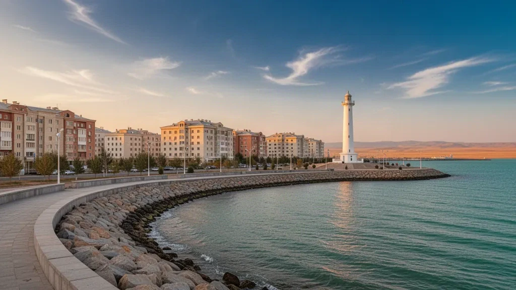 Front de mer d'Aktau et phare sur la côte caspienne du Kazakhstan à l'heure dorée, avec la steppe de Mangystau s'étendant jusqu'à l'horizon