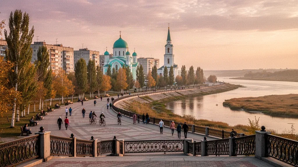 Vue à l'heure dorée du quai de l'Irtych à Pavlodar, au Kazakhstan, avec promenade bordée d'arbres et skyline de la ville en arrière-plan