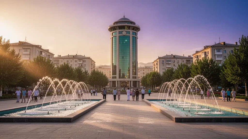 Kazakistan'ın Şımkent şehrinde Ordabasy Meydanı fıskiyelerinin ve modern Şımkent silüetinin altın saat manzarası