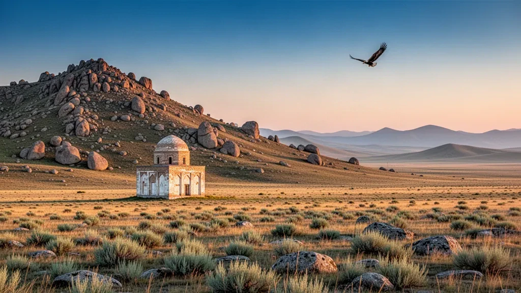Verwittertes Steinmausoleum in der offenen Steppe unter den Granithügeln von Ulytau, Kasachstan, im goldenen Licht des späten Nachmittags