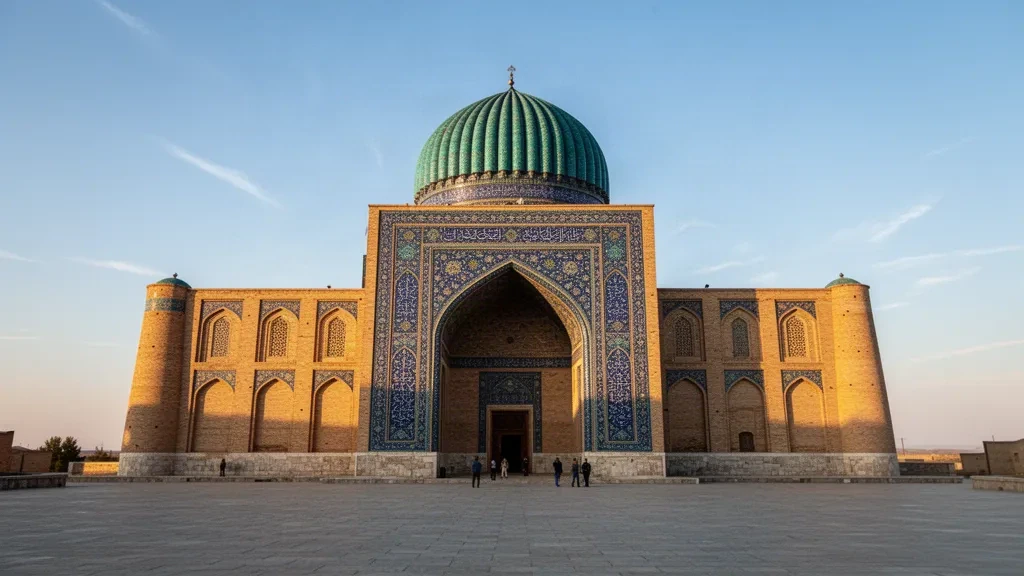 Dôme au carrelage turquoise et portail bleu du mausolée de Khoja Ahmed Yasawi à Turkistan, au Kazakhstan, sous la lumière dorée de fin d'après-midi