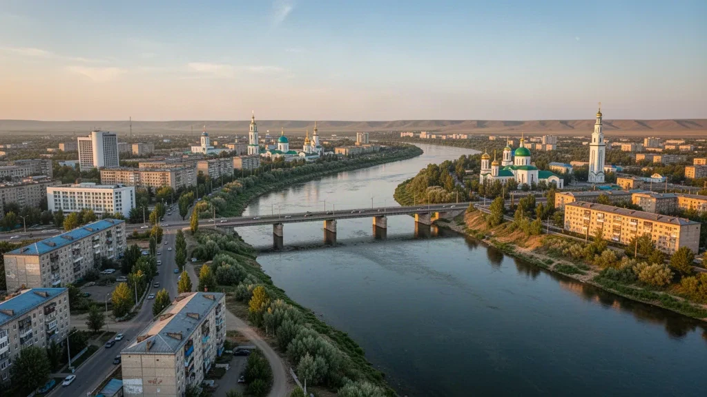 Vue panoramique d'Oral, au Kazakhstan-Occidental, le long du fleuve Oural avec des ponts et l'architecture de la ville à l'heure dorée