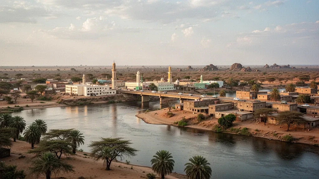 La città di Garissa sul fiume Tana con il suo ponte, i minareti delle moschee e le pianure aride del Kenya nordorientale