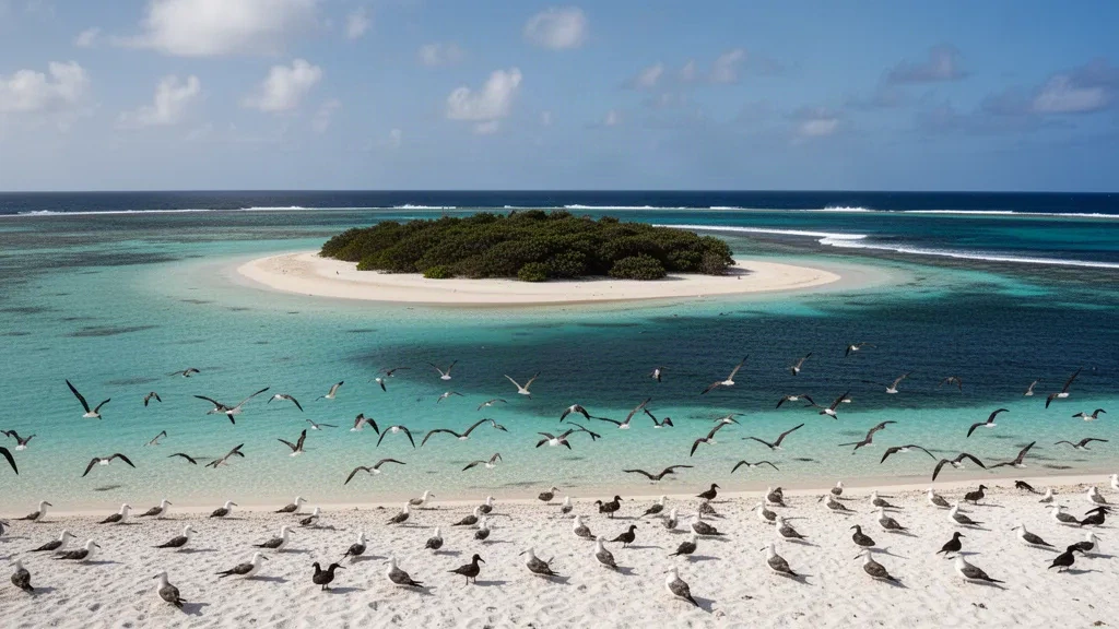 Lagon turquoise, sable corallien et colonie sauvage d'oiseaux marins à l'atoll de Midway, dans les Îles mineures éloignées des États-Unis, sous la lumière du jour du Pacifique