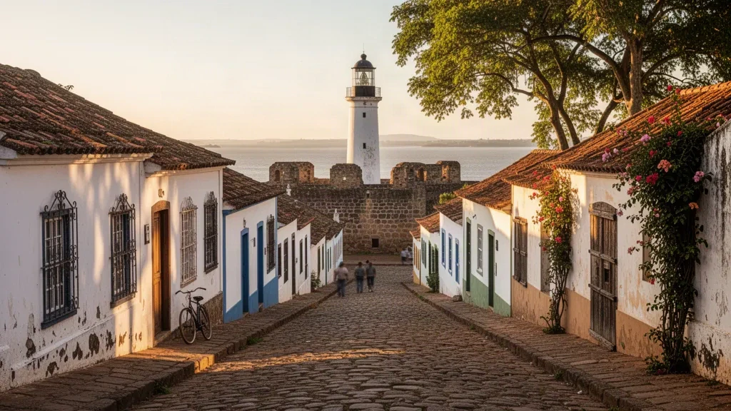 Cobblestone street and colonial houses of Colonia del Sacramento historic quarter in Uruguay, with the old lighthouse above the Río de la Plata