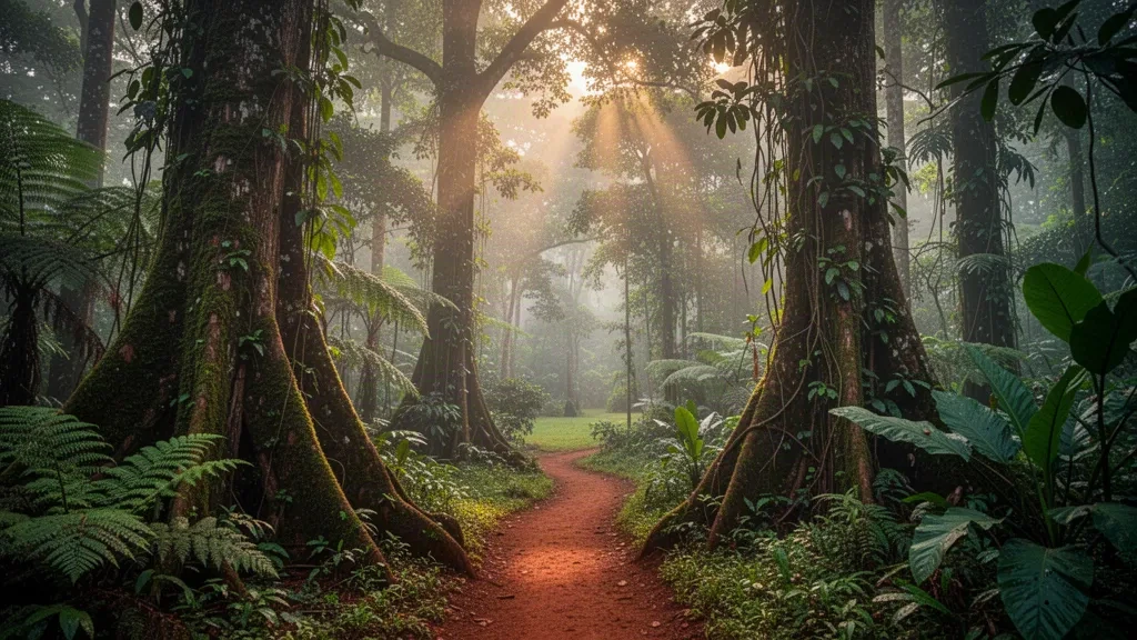 Luce del sole che filtra attraverso la fitta volta verde della Foresta di Kakamega nel Kenya occidentale sopra un tortuoso sentiero nella foresta pluviale