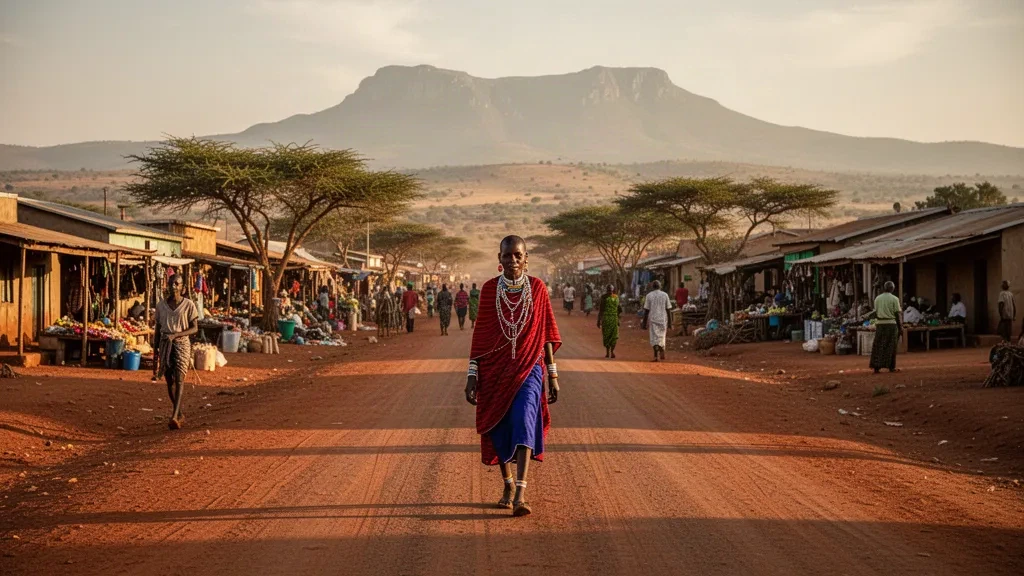 Donna Maasai in abito tradizionale che cammina nel mercato della città di Kajiado in Kenya all'ora d'oro con acacie e colline