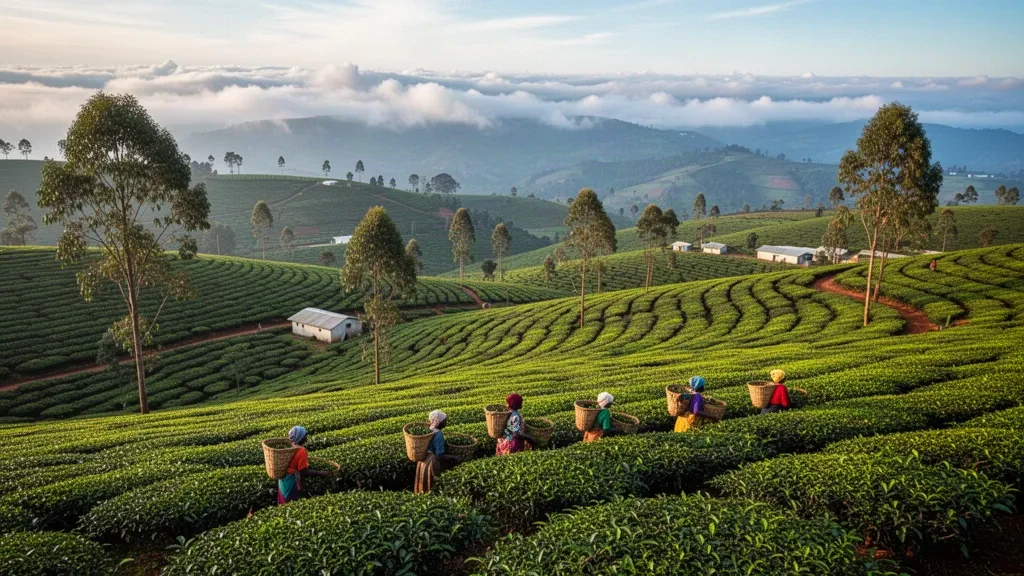 Rolling green tea plantation hills near Kericho, Kenya, with tea pickers working among the bushes under soft afternoon light