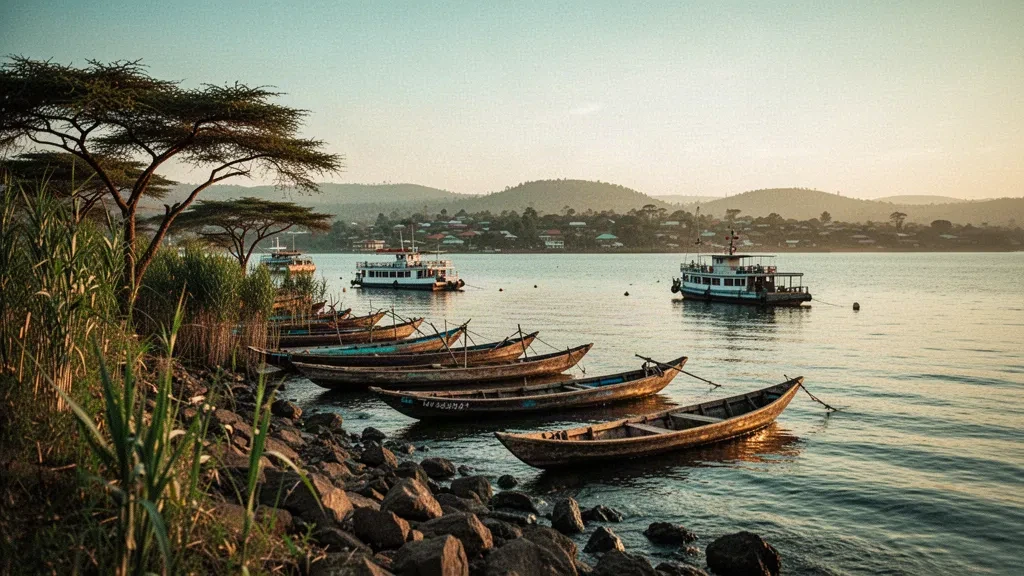 Vista durante la hora dorada del paseo marítimo de Kisumu en el lago Victoria, en Kenia, con barcos de pesca de madera y acacias verdes a lo largo de la orilla