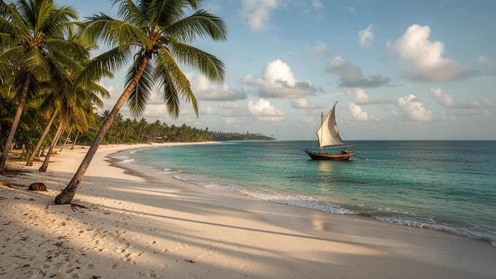 Kenya, Kwale'deki beyaz kumlu Diani Plajı; eğilmiş hindistan cevizi palmiyeleri ve altın saatlerde turkuaz Hint Okyanusu'nda yelkenli bir dhow