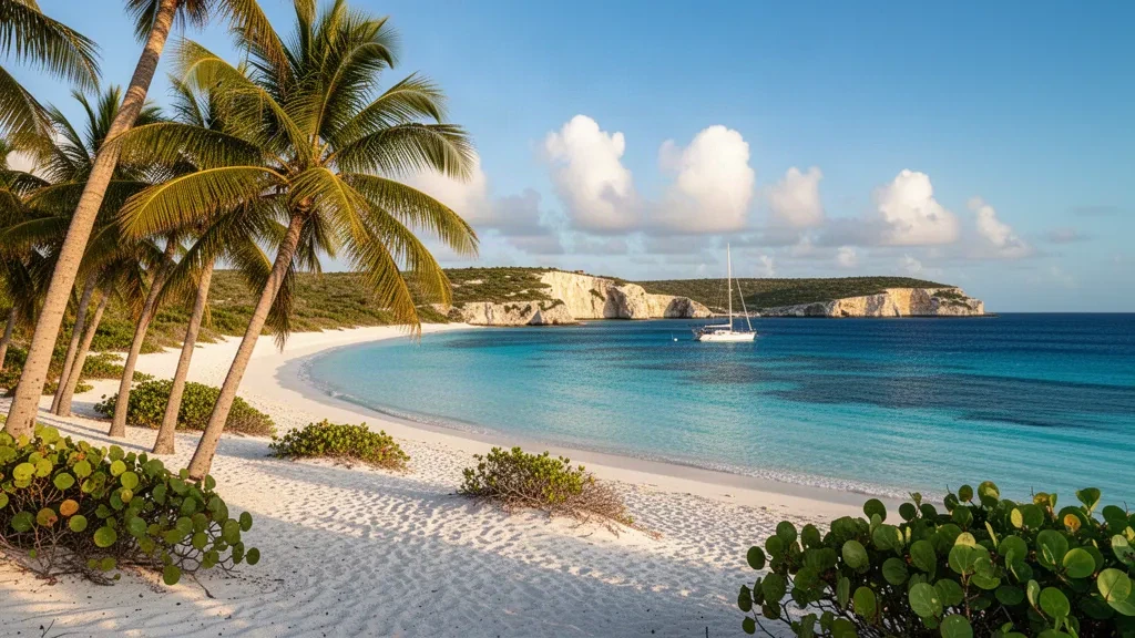 Acqua turchese dei Caraibi e sabbia bianca a Shoal Bay ad Anguilla, incorniciate da palme da cocco inclinate in una luminosa luce tropicale