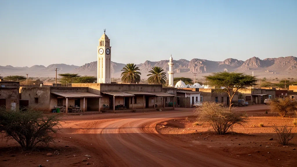 Mandera, Kenya'da sıcak kurak bir gökyüzü altında akasya ağaçları ve tozlu sokaklarla çevrili saat kulesi ve alçak binalar
