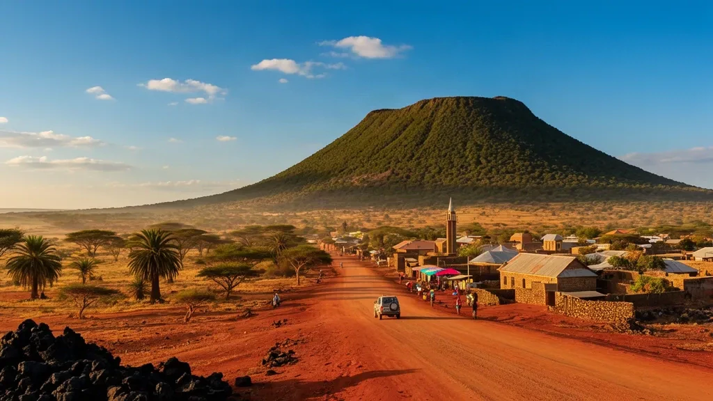 Mount Marsabit rising above the dry plains of northern Kenya at golden hour, with the town's rooftops, acacia trees and a dusty road in the foreground.