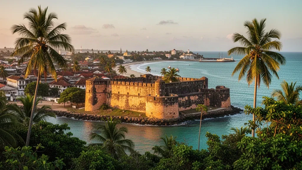 Le Fort Jesus historique à Mombasa, au Kenya, surplombant l'océan Indien et les toits de la vieille ville à l'heure dorée.