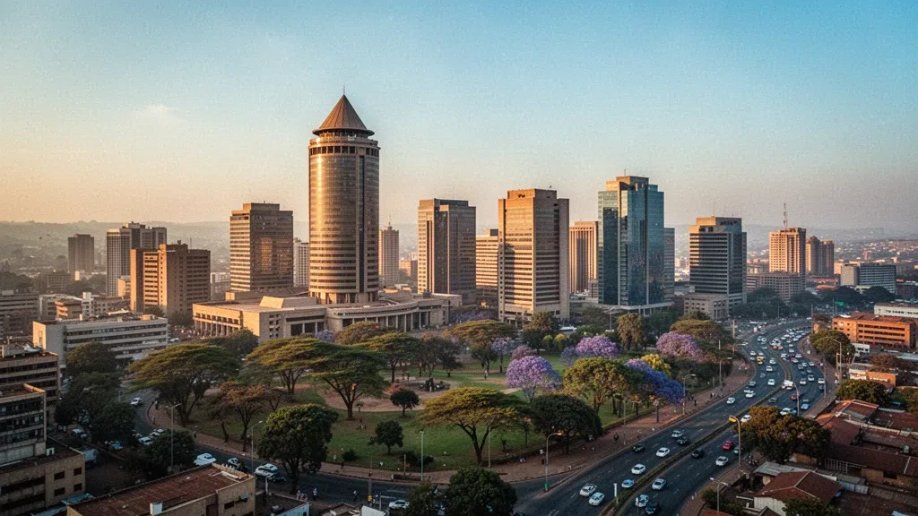 Ligne d'horizon de la ville de Nairobi à l'heure dorée au Kenya, avec la tour KICC s'élevant au-dessus des gratte-ciel du centre-ville et des arbres verdoyants