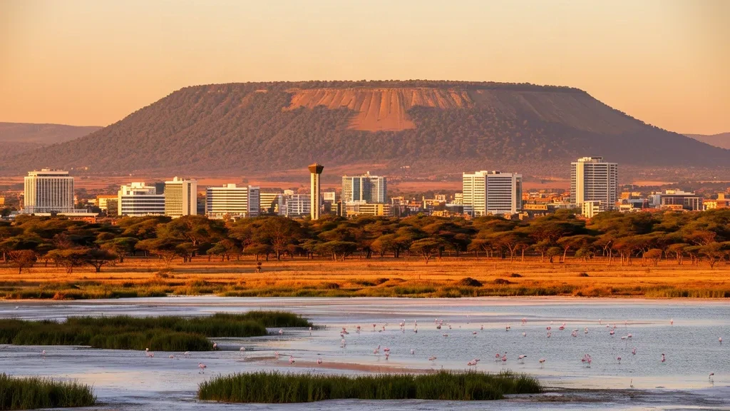 Vue à l'heure dorée sur Nakuru, au Kenya, avec le lac Nakuru, les flamants roses et l'escarpement de la vallée du Rift derrière les toits de la ville.