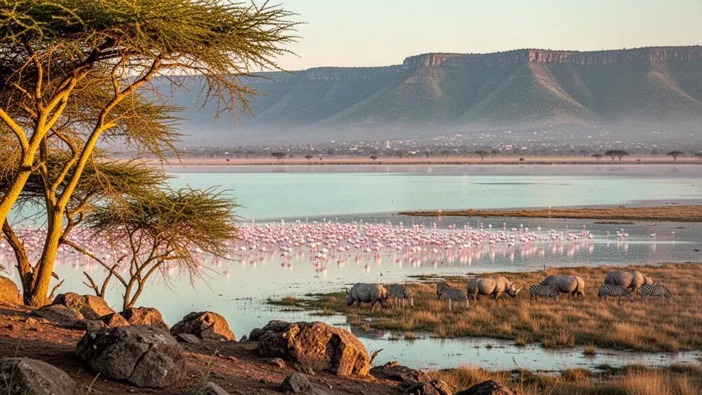 Kenya'da Lake Nakuru kıyısında sürüler halinde yürüyen flamingolar; arka planda altın saatte Büyük Rift Vadisi yamaçları ve akasya ağaçları