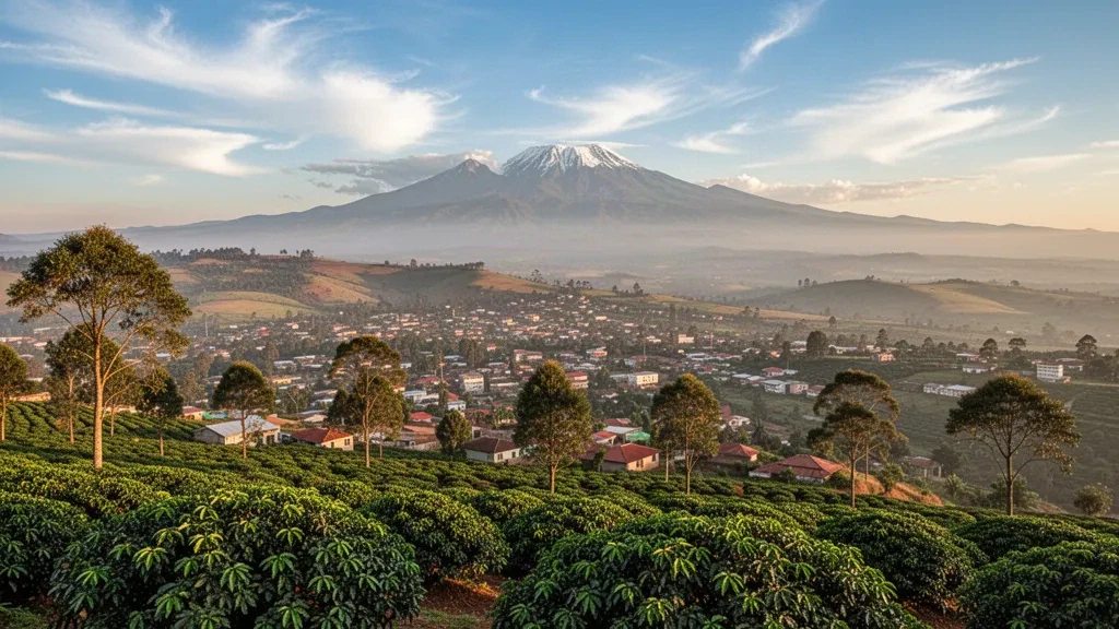 Vue panoramique de la ville de Nyeri dans les hautes terres centrales du Kenya avec le mont Kenya en arrière-plan.
