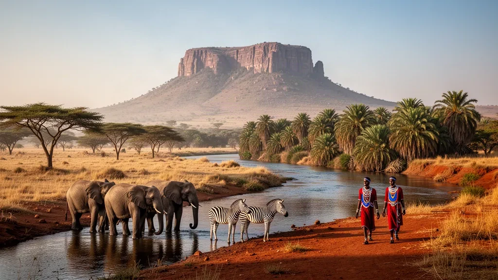 Kenya'daki Samburu Ulusal Rezervi'nin altın saatlerde görünümü, Ewaso Ng'iro nehri boyunca doum palmiyeleri ve ufukta Ololokwe Dağı