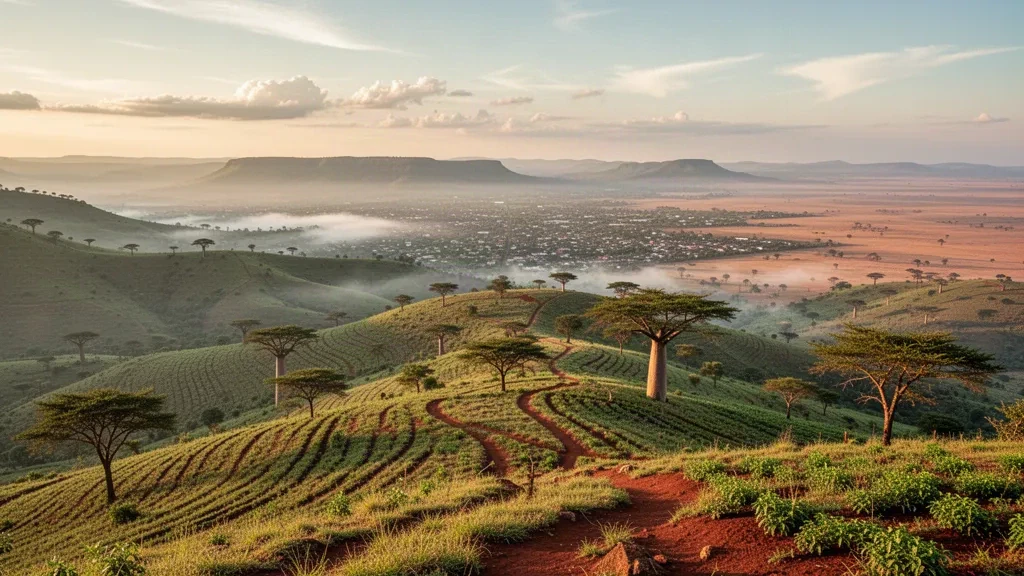 Vista durante la hora dorada de las colinas de Taita sobre Voi en el condado de Taita-Taveta, Kenia, con laderas aterrazadas y acacias.