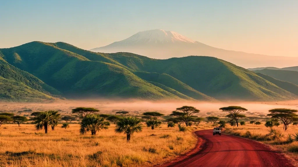 Veduta all'ora d'oro delle colline Taita e della savana dello Tsavo nella contea di Taita-Taveta, in Kenya, con il Monte Kilimanjaro all'orizzonte.